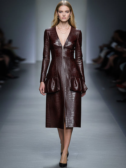 Robe Midi en Cuir PU Croco Rouge Brun avec Décolleté en V et Zip