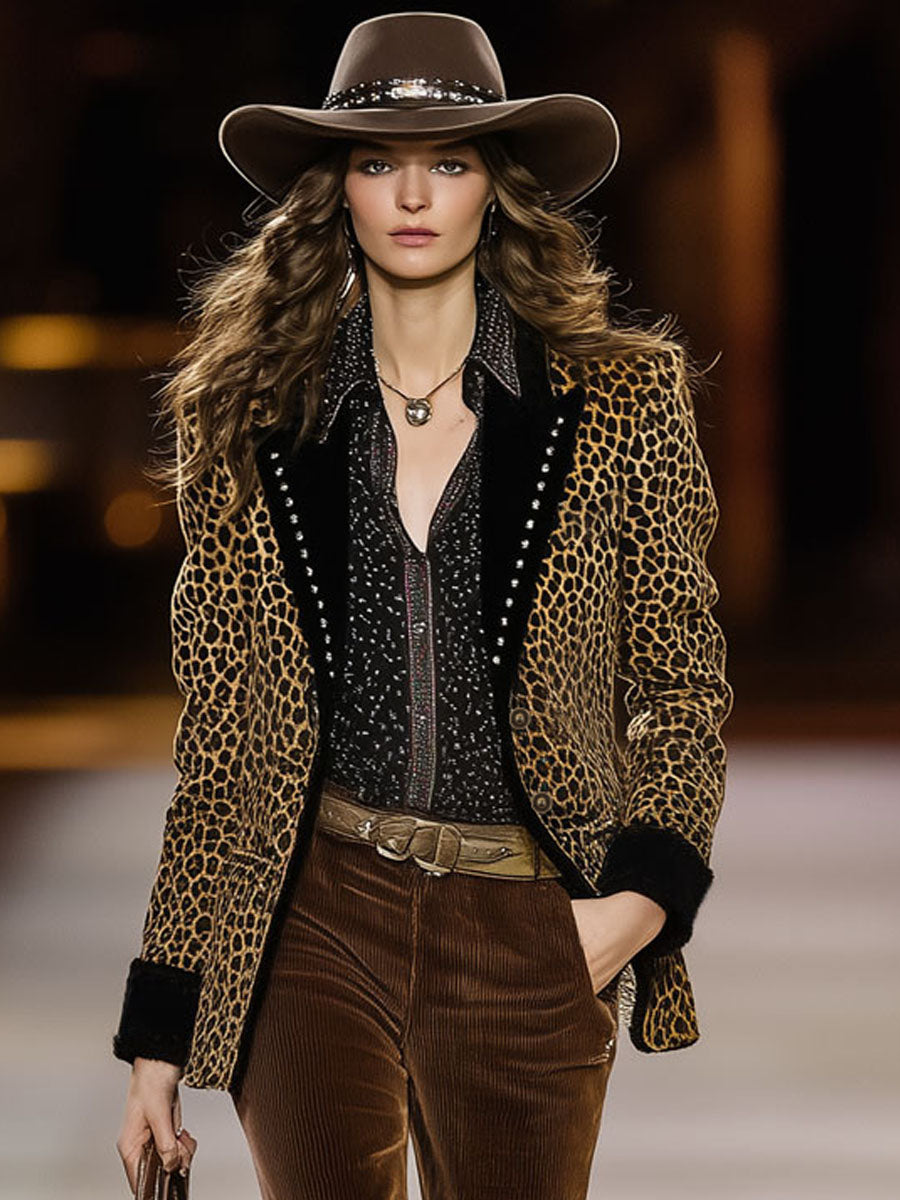 Veste en Velours Imprimé Léopard Rétro à Détails Contrastés