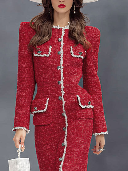 Robe Midi Élégante en Tissu Texturé avec Col Rond et Boutons Chic