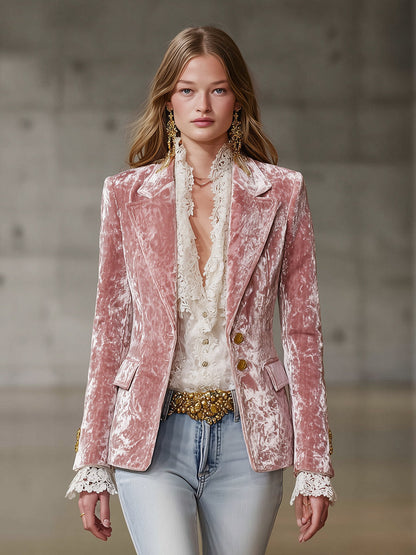 Veste en Velours Rose Rétro avec Détails en Or
