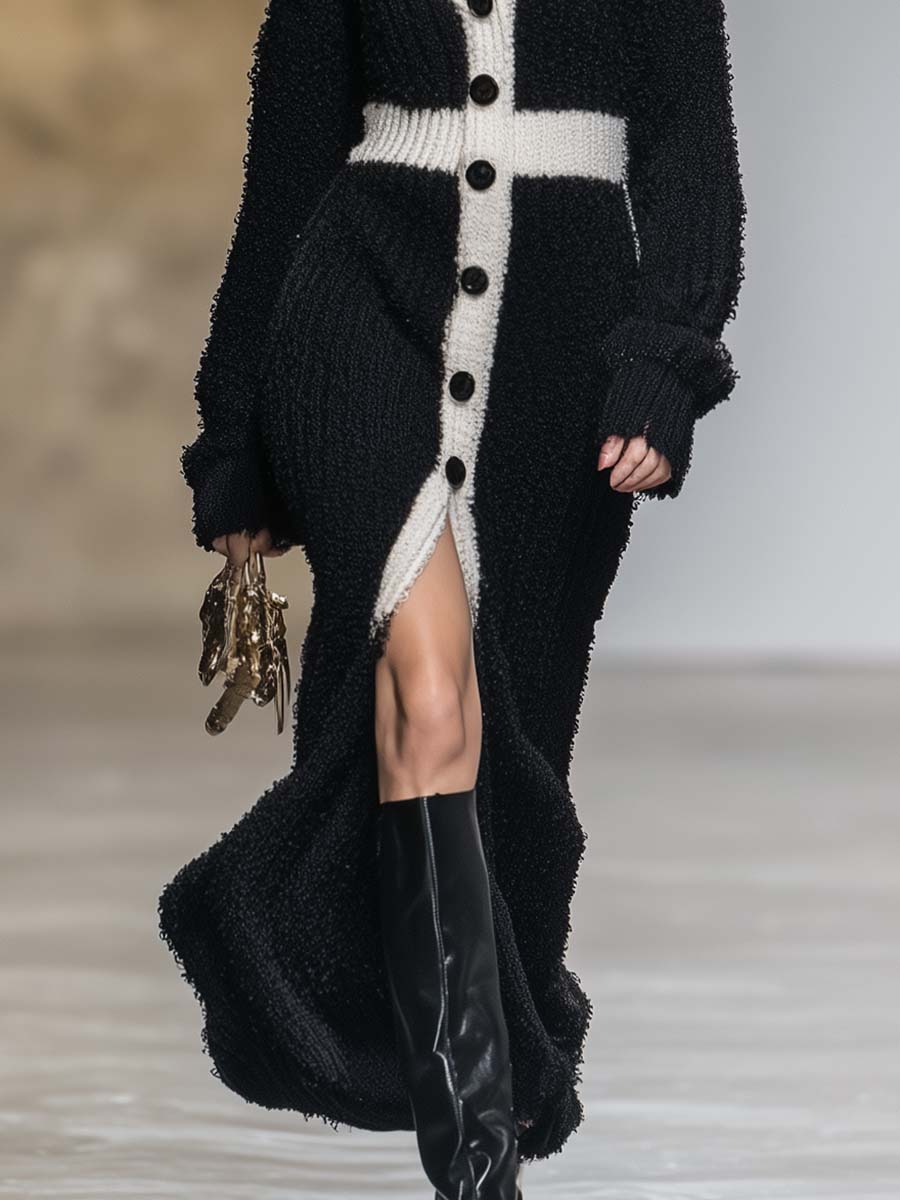 Robe Maxi Tricotée Noire à Décolleté V et Boutons Contrastants