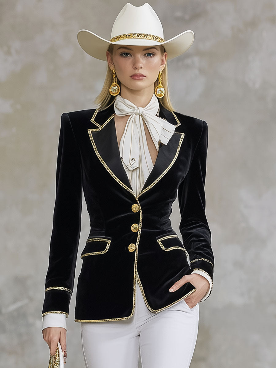 Blazer en Velours Chic avec Col à Détail Contrasté