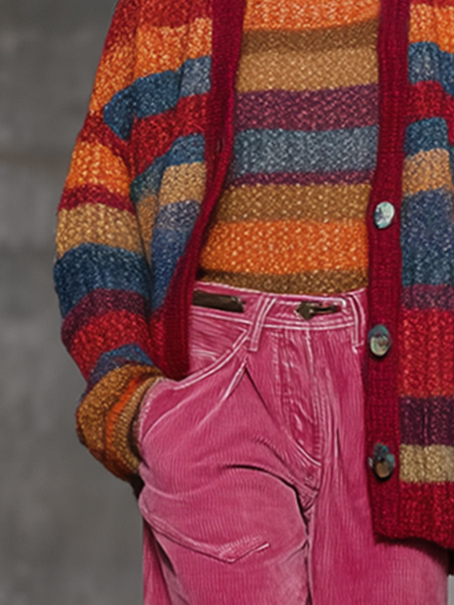 Cardigan Rayé Rétro à Boutons - Style Arc-en-Ciel