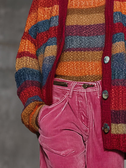 Cardigan Retro en Tricot à Rayures Arc-en-Ciel avec Boutons