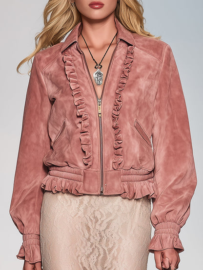 Veste Vintage en Rose Suédé Synthétique avec Détails Volants
