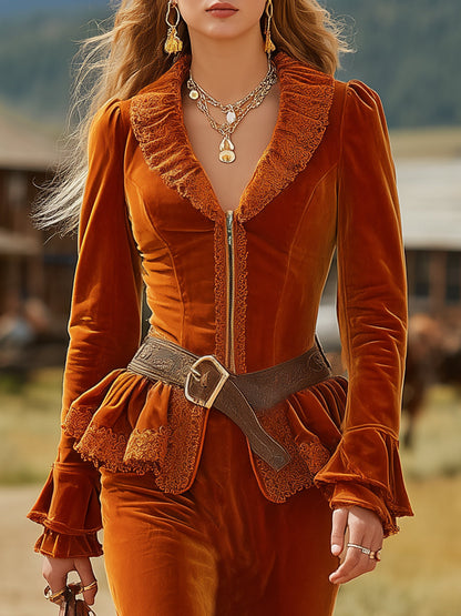 Ensemble Rétro en Velours Orange avec Manteau à Volants et Jupe Longue