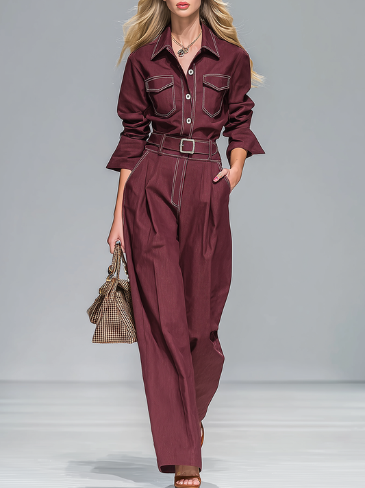 Ensemble Vintage : Chemise à Revers et Pantalon à Couture Contrastée