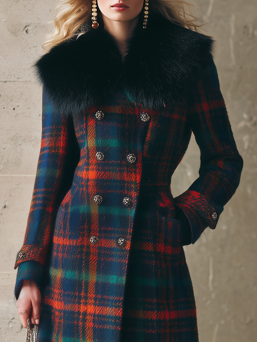 Veste Longue en Laine à Motifs Carreaux avec Col en Fourrure Synthétique : Élégance Rétro et Tendance