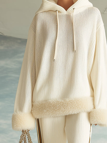 Ensemble Chic en Tricot Crème avec Capuche en Fourrure et Pantalon à Jambes Larges