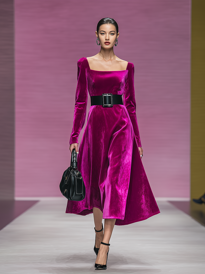 Robe Velours Chic et Sensuelle avec Encolure Carrée et Manches Longues