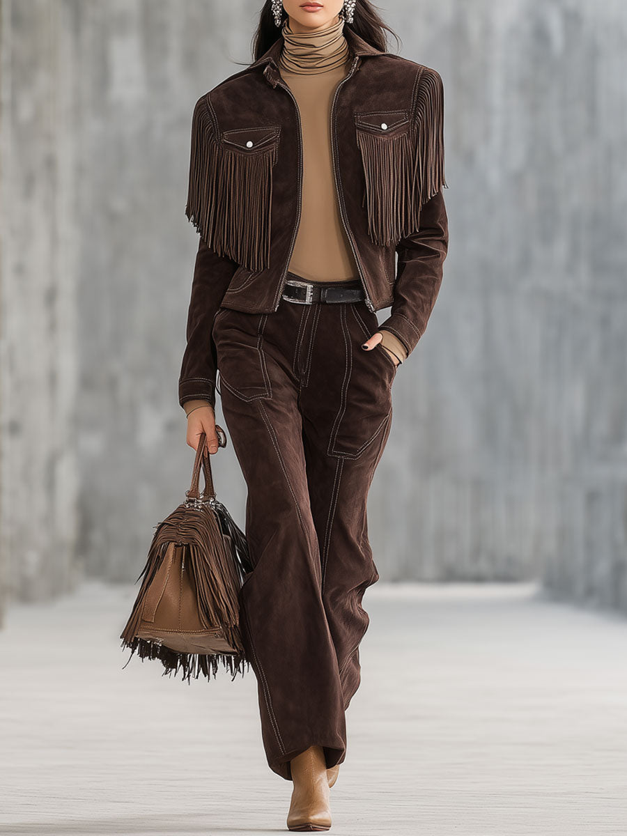 Ensemble Vintage Western en Suédine Cocoa Marron avec Veste à Franges et Pantalon Droit