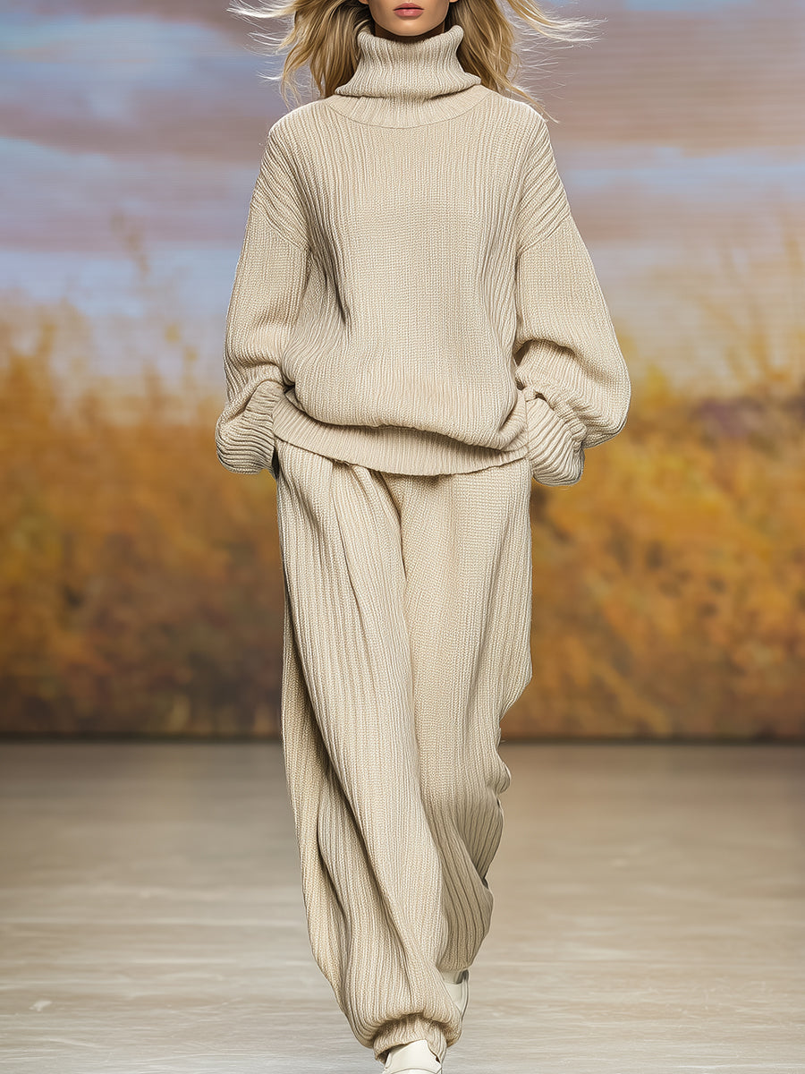 Ensemble Décontracté Beige en Tricot avec Col Roulé et Pantalon