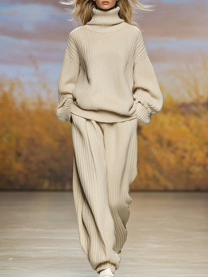 Chic Ensemble Tricoté Beige avec Turtleneck et Pantalon Décontracté