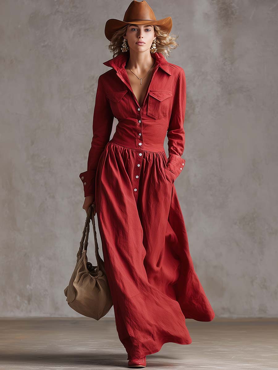 Robe Maxi Élégante en Coton et Lin Rouge - Style Coupe-Vent avec Détails Boutonnés
