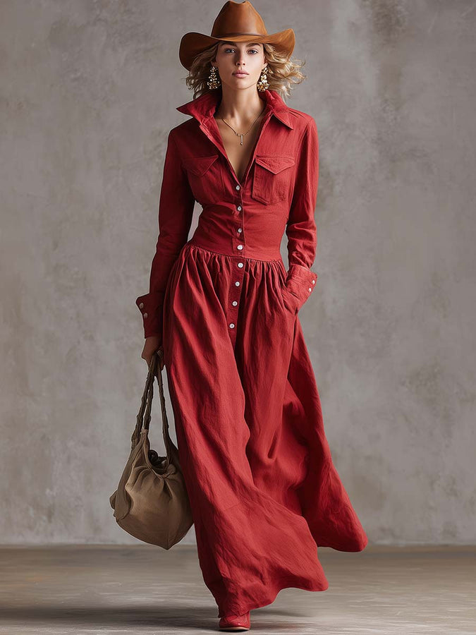 Robe Maxi Élégante en Coton et Lin Rouge - Style Coupe-Vent avec Détails Boutonnés