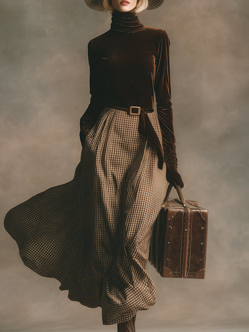 Robe Maxi en Velours Brun à Motif Carreaux avec Col en Pile Chic