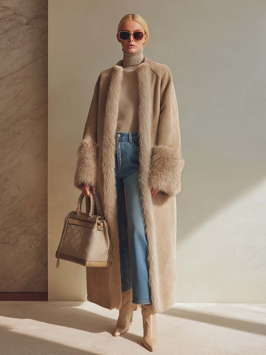 Longue Manteau en Fausse Suède avec Élégante Bordure en Fausse Fourrure - Luxe Abricot Doublé en Polaire