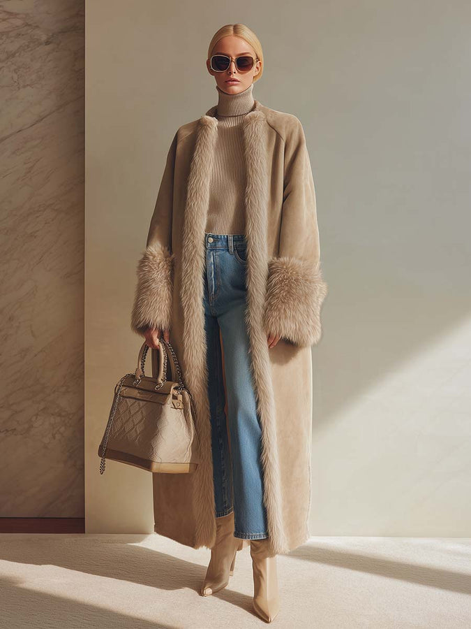 Longue Manteau en Fausse Suède avec Élégante Bordure en Fausse Fourrure - Luxe Abricot Doublé en Polaire
