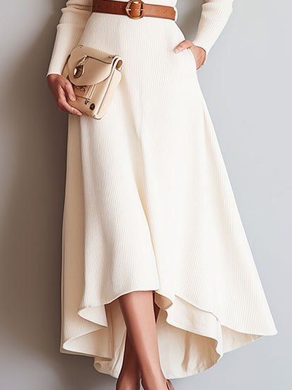 Robe Midi Beige Rétro à Boutons en Tricot - Style Ample et Élégant