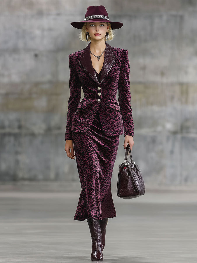 Veste Midi Velours Léopard Violet avec Accents en Simili Cuir