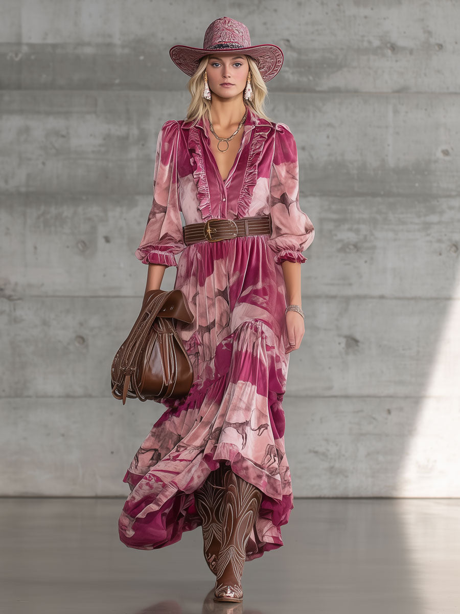 Robe Maxi Velours Rose avec Imprimé Cerf Sika – Élégance Nomade Urbaine Rétro