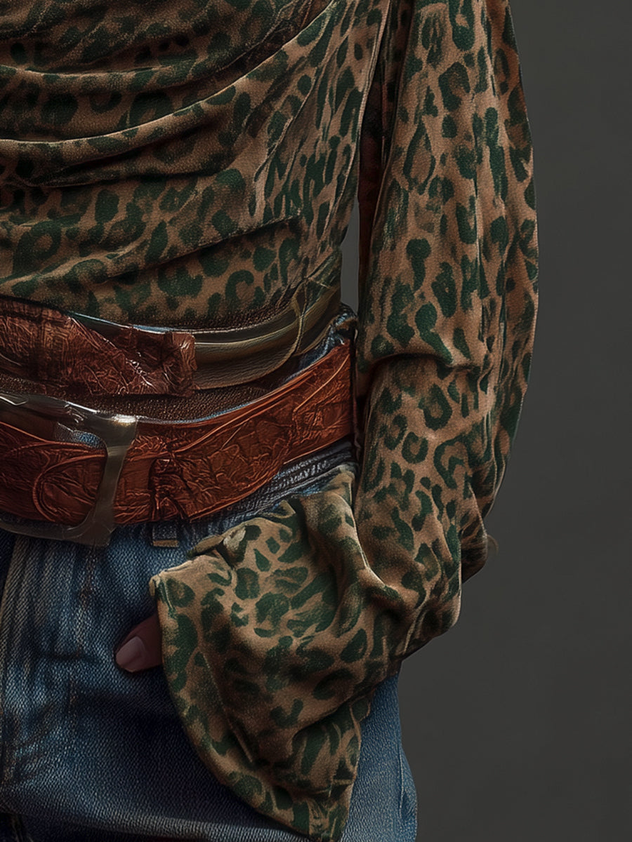 Top en Velours Imprimé à Une Épaule avec Décolleté Drapé - Élégance Haut de Gamme à Porter de Deux Façons