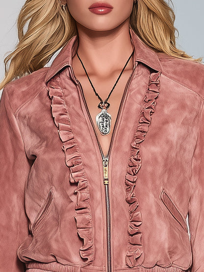 Veste Vintage en Faux Suède Rose avec Volants et Zip