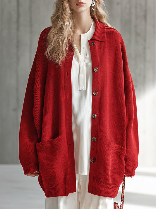 Chic Cardigan Rouge Tricoté avec Revers Élégant