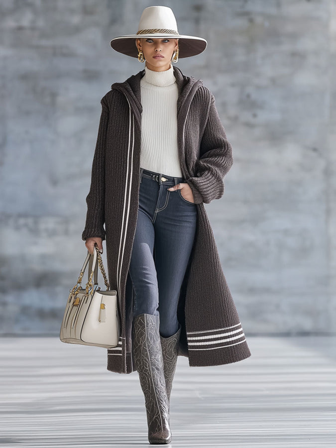 Cardigan Décontracté à Capuche en Tricot Rayé Chocolat