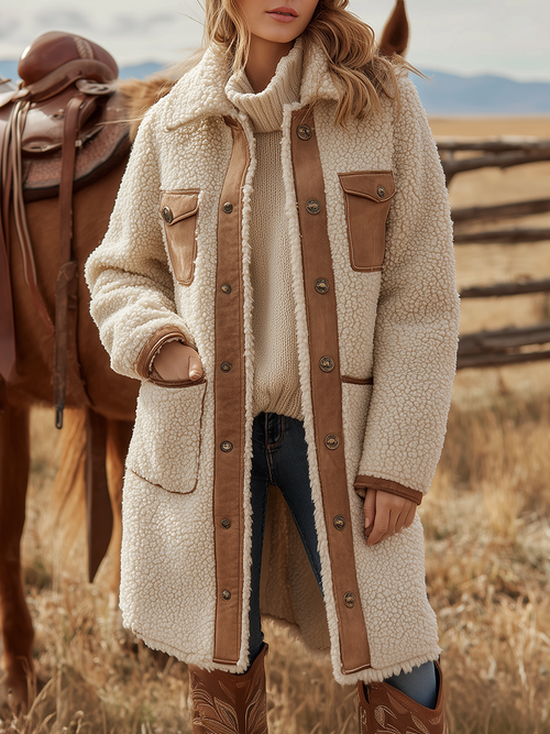 Veste Sherpa Vintage à Col Revers de Style Western