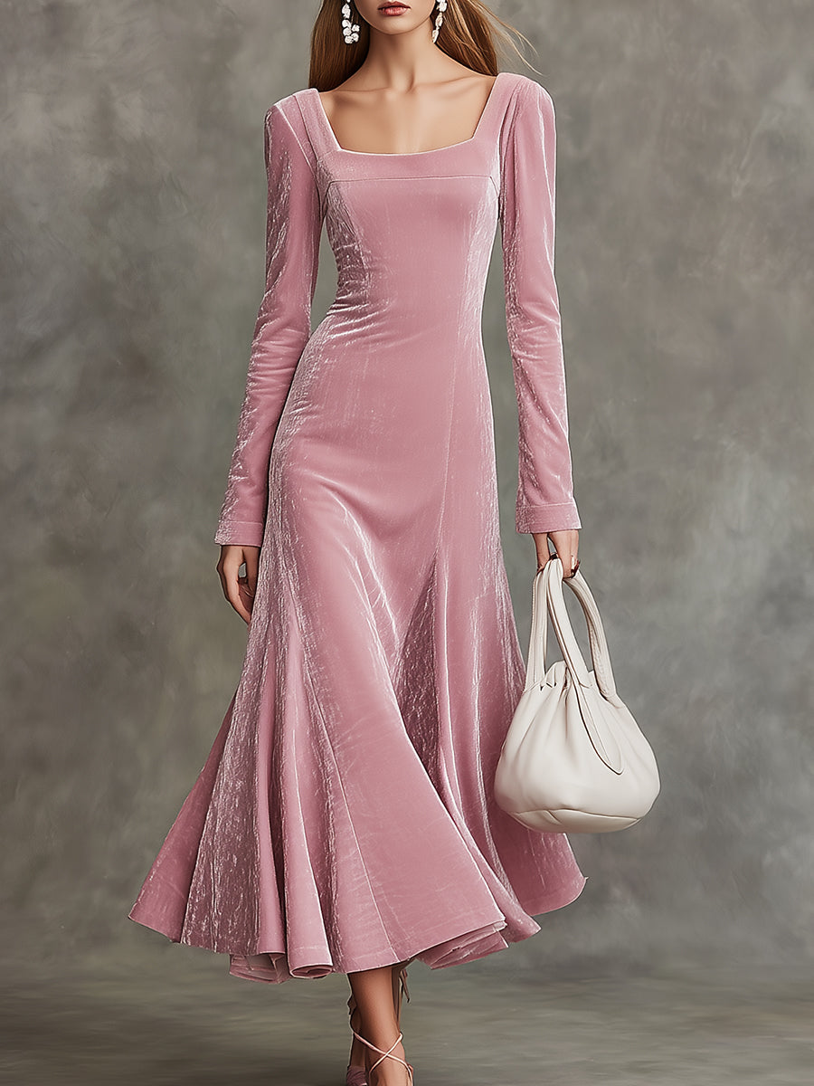 Robe Maxi en Velours Rose Chic avec Encolure Carrée et Jupe Flottante