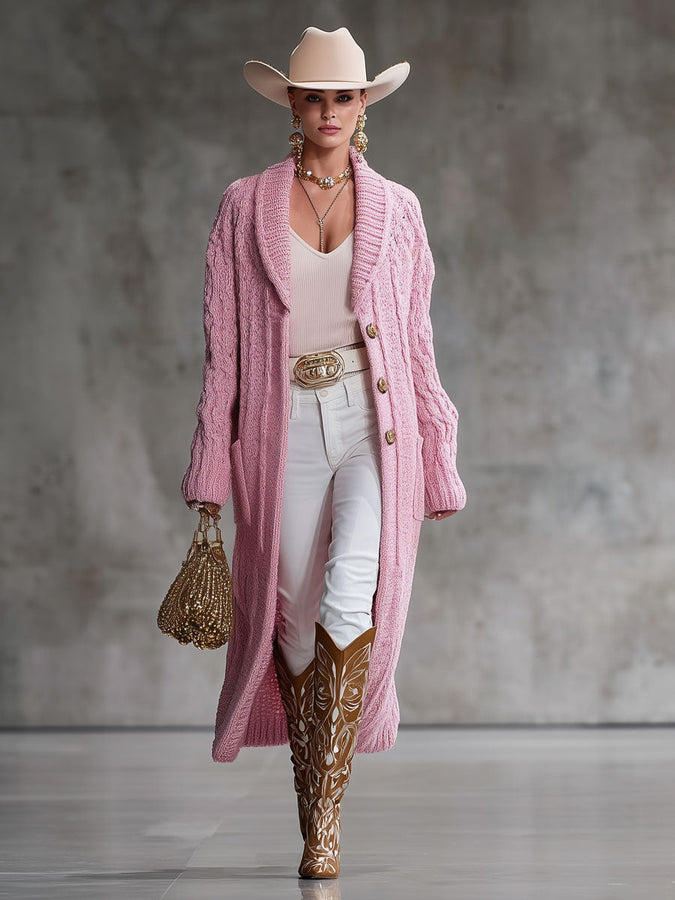 Cardigan Tricoté Élégant avec Col Rose, Boutonnage Pratique et Poches Doubles