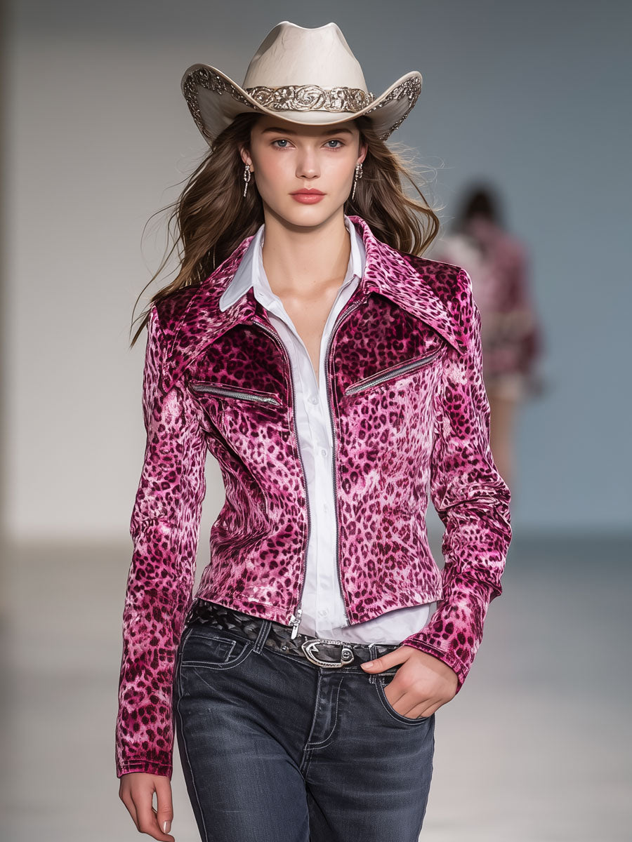 Veste en Velours Léopard avec Poches Zippées et Col Ample