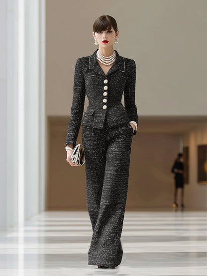 Ensemble Chic de Pantalons Amples en Tweed Noir à Boutons