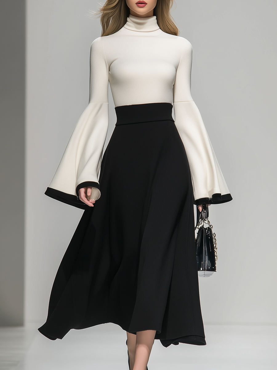Maxi Robe Élégante à Col Montant avec Détails Contrastés