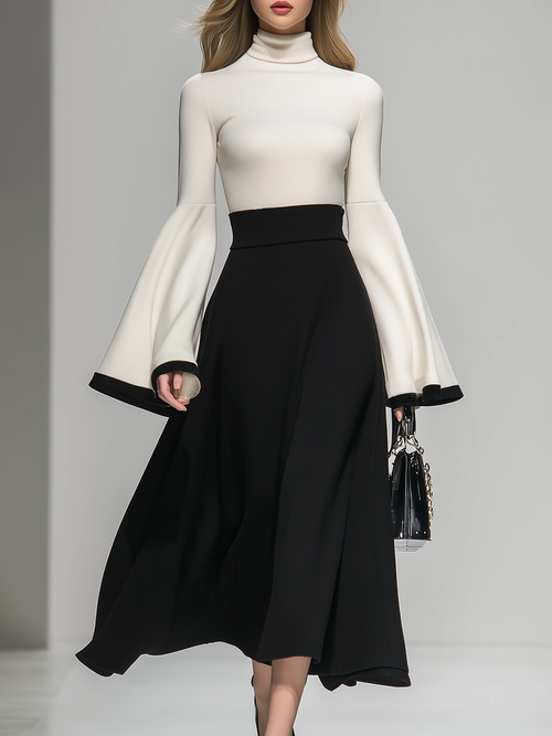 Maxi Robe Élégante à Col Montant avec Détails Contrastés