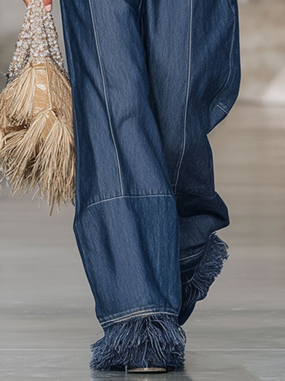 Jean Oversize en Denim Noir avec Franges Vintage