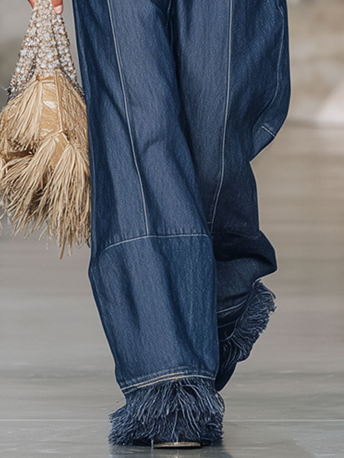 Jean Oversize en Denim Noir avec Franges Vintage