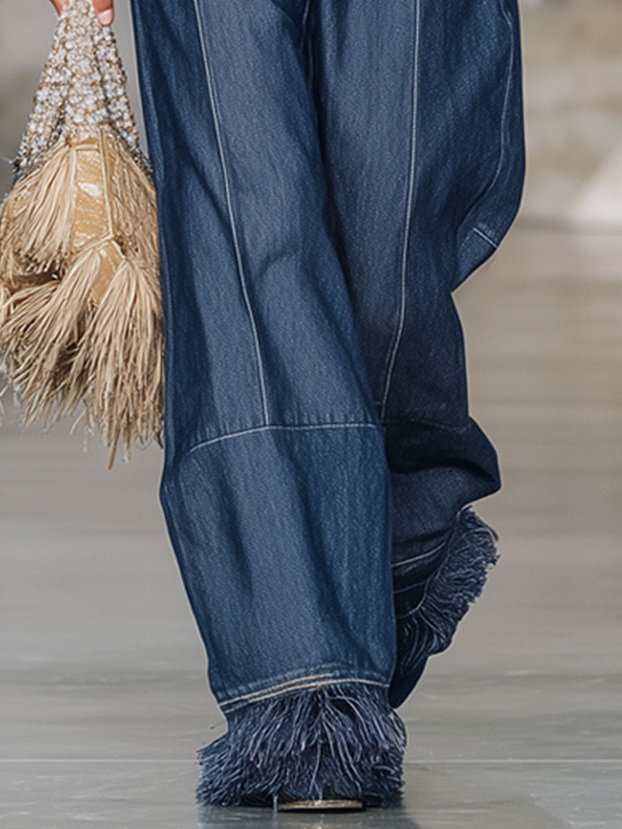 Jean Vintage Évasé avec Franges en Denim Bleu Foncé