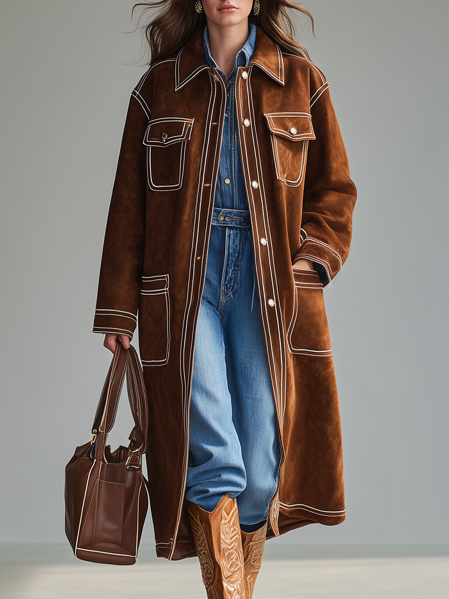 Veste Western Rétro en Faux Suède à Multiples Poches