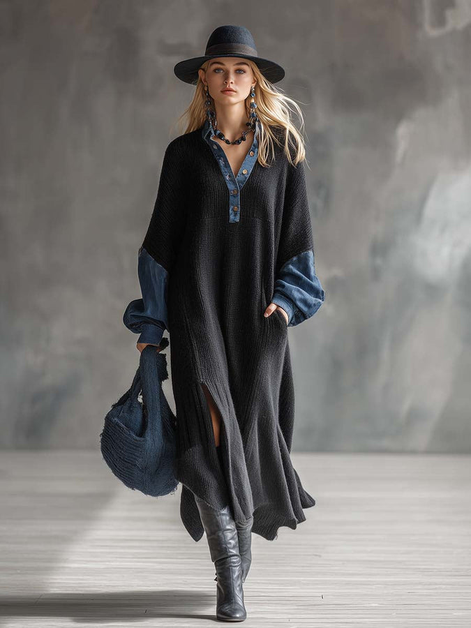 Maxi Robe Noire en Tricot Décontractée avec Détails en Denim
