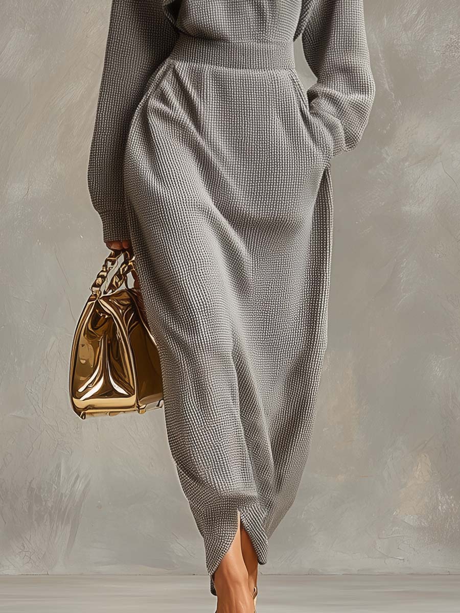 Robe Maxi Waffle Gris Clair : Élégance à Col Revers et Manches Longues avec Fermeture Éclair