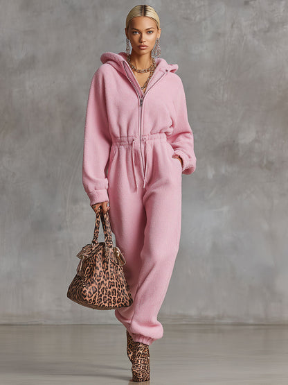 Combinaison Rétro en Polaire Rose avec Capuche