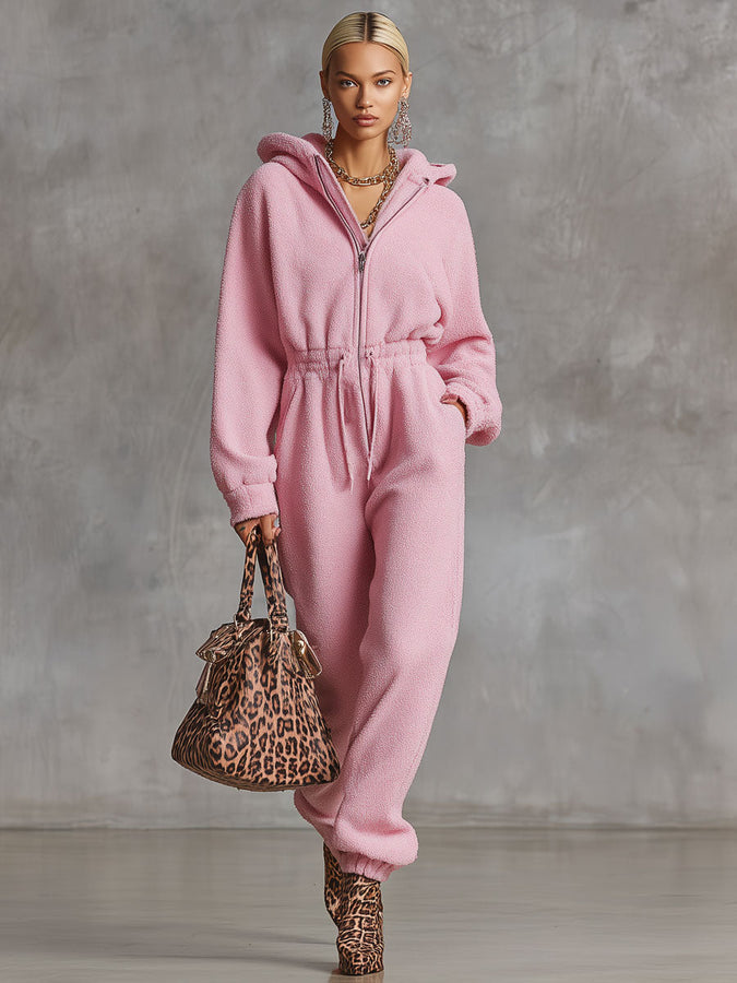 Combinaison Rétro en Polaire Rose avec Capuche