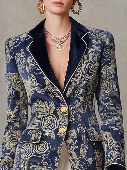 Veste en velours rétro à motifs roses avec coutures contrastées