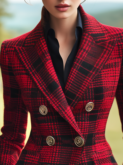 Élégant Blazer Rétro à Carreaux à Double Boutonnage Inspiré du Style Western