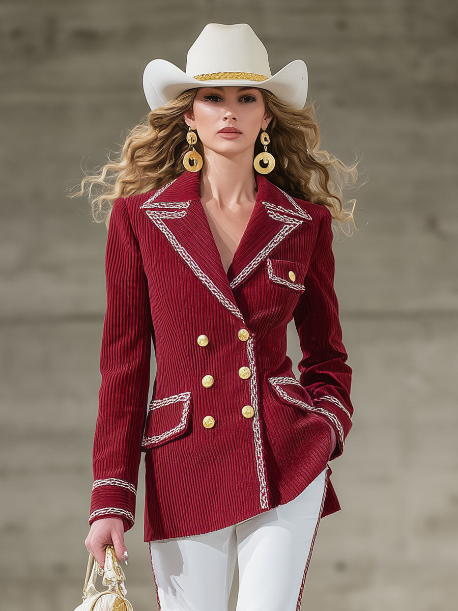 Blazer en velours côtelé décontracté à double boutonnage avec bord contrasté