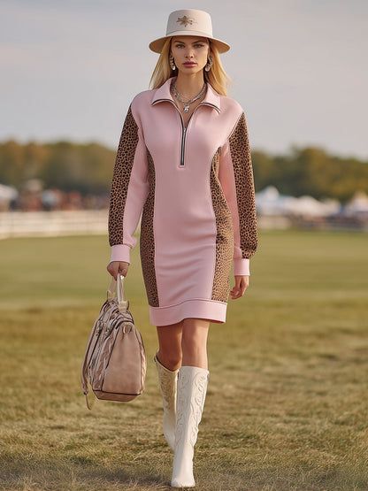 Robe Midi Sportive Rose à Manches Longues avec Col - Imprimé Léopard Patchwork