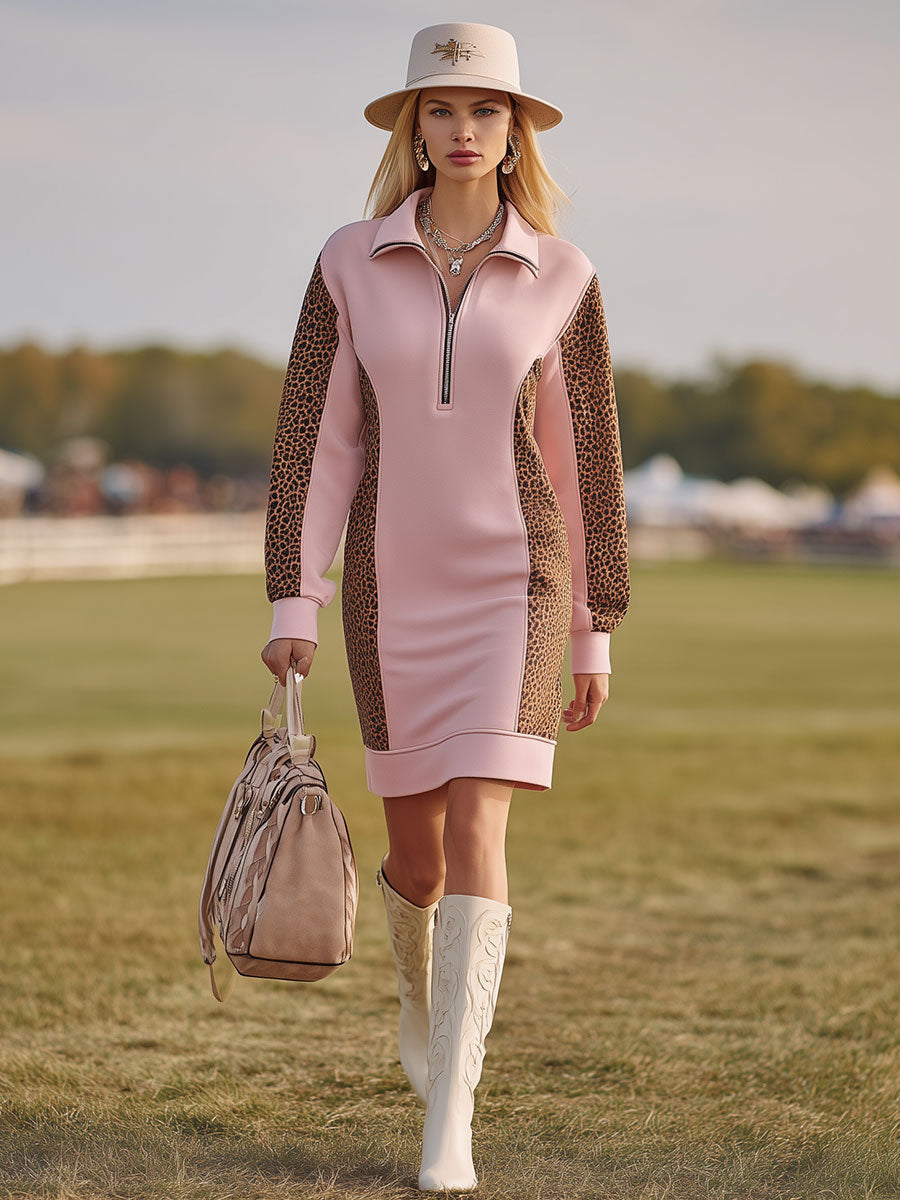 Robe Midi Décontractée à Manches Longues avec Col Revers et Imprimé Léopard en Rose