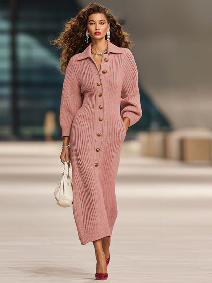 Robe Midi Tricotée Chic avec Poches Doubles et Boutons Élégants au Col
